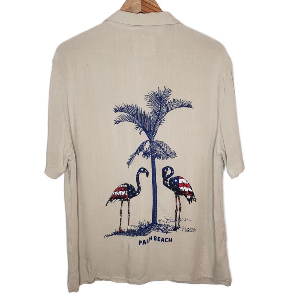 Denim & Flower Men's L Palm Beach American Flag Flamingo Buttoned Shirt(1731)